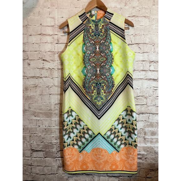 Melissa Paige Dress Womens Medium Sheath Pastel Mixed Print High Neck Stretch - Picture 1 of 16